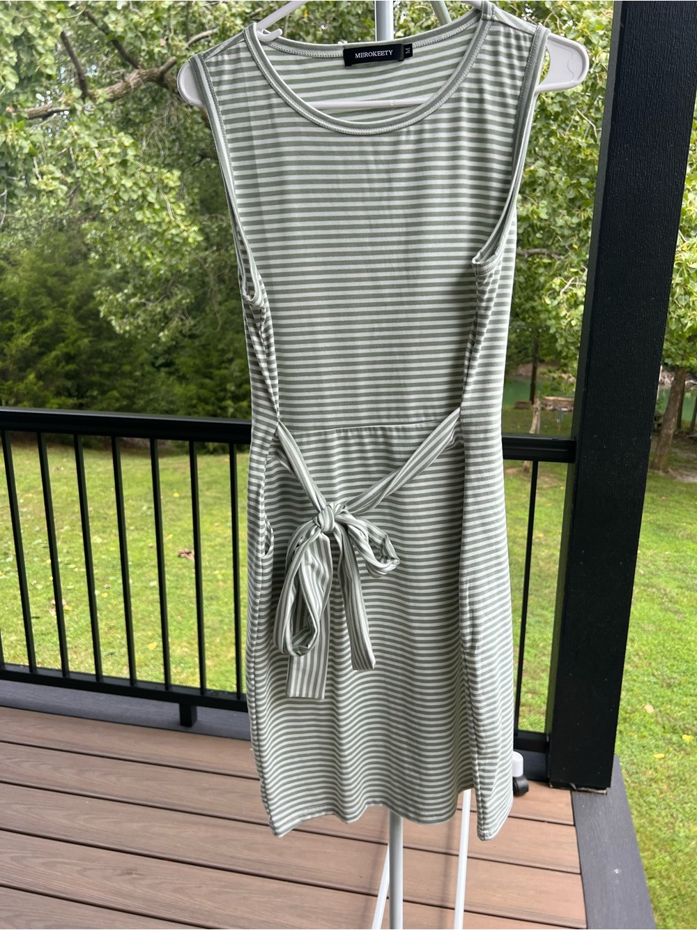 Green Striped Cotton Tie-Waist Dress MEDIUM
